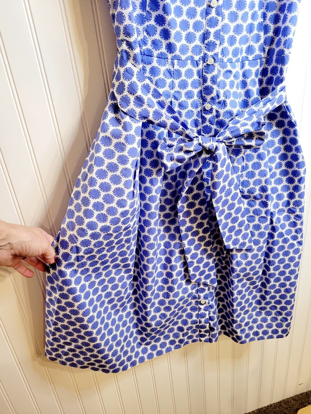 Talbots Cotton Blue & White Floral Dot Belted A-line Shirtdress - Size 14 Preppy - Picture 9 of 10